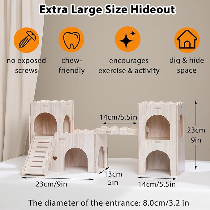 Large Hamster Hideout, Wooden Hamster Houses and Hideouts, Double-Decker Hamster Hut Castle, Dwarf Gerbils Habitat House with Climbing Ladder, Multi Chamber Syrian Hamsters Hides