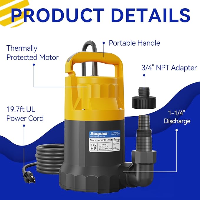 Acquaer 1/2HP Sump Pump, 2906GPH Submersible Water Pump for Water Removal in Hot Tubs, Pools, Basements, and Garden Ponds