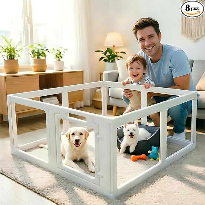Clear Acrylic Plastic Dog Playpen with Door, 23.6"H Transparent DIY Puppy Cat Pet Play Pen, Modular Fence for Dog, Cat, Pig, Rabbit, Ferret, Easy Assemble Dog House Crate Kennel Whelping Cage