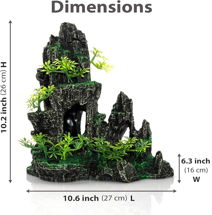 Aquarium Mountain View Stone Ornament, Large Resin Hideout Cave for Betta & Shrimp, Fish Tank Decor Rock Cave with Fish Cave and Hideouts (10.63" x 6.30" x 10.24")