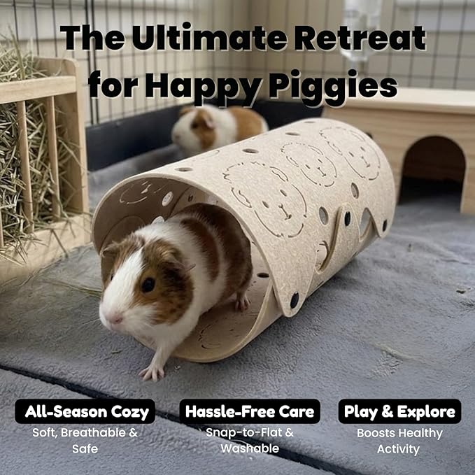 Guinea Pig Tunnel, Washable Felt Hideout for Small Cage, Durable & Breathable Small Pet Tube Toys for Zoomies, Popcorning & Resting - Cute Piggy Face Design-Beige