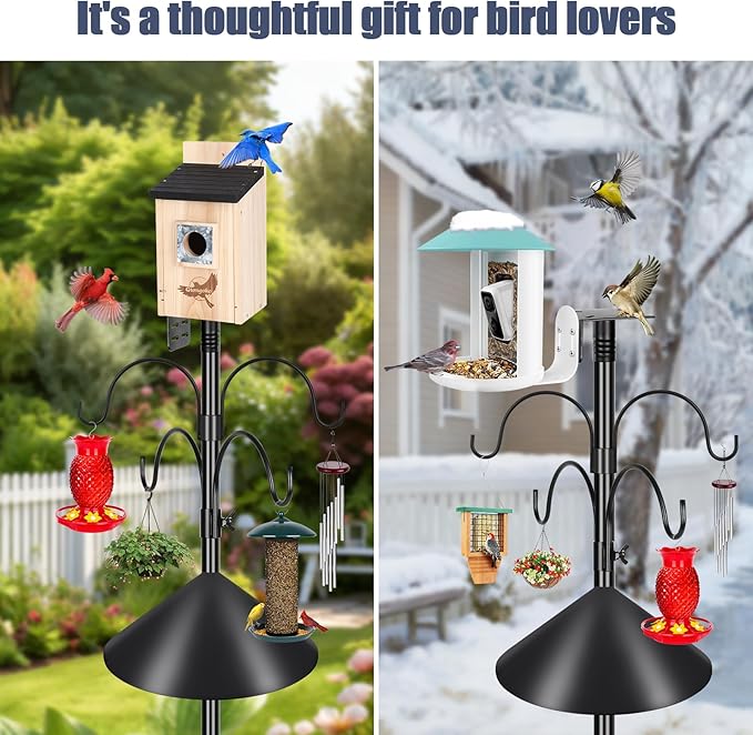 Gtongoko Smart Bird Feeder Pole Squirrel Proof 1-Inch Dia 94 Inch with 4 Shepherds Hooks Hanging Bluebird House Pole for Outdoors Squirrel Baffles for Feeders Metal Heavy Duty Mounting Kit