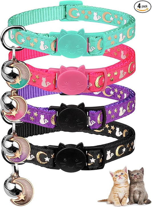 4PCS Cat Collar with Bells,Breakaway Cat Collars,Moons Stars Cute Kitty Adjustable Safe Kitten Collars Pendant Glow in The Dark,Cat Collars for Girl Cats 8.0-13.0 Inch(Black&Purple&Pink&Teal)