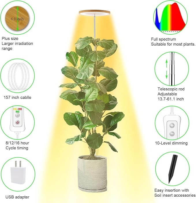 Plant Grow Light, LED Growing Light Full Spectrum for Indoor Plants, Paired with a Soil Tester,Height Adjustable, Automatic Timer, 5V Low Safe Voltage,Idea for Large Plant Light