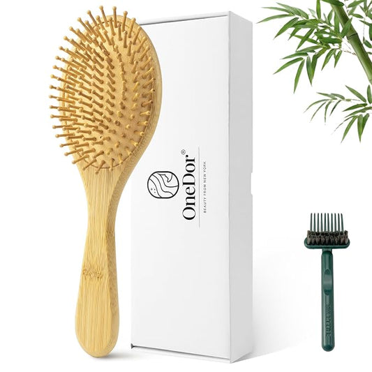 Bamboo Hair Brush - Natural Wooden Paddle Brush for Women & Men, Rounded Bamboo Bristles for Scalp Massage & Detangling, Gentle Hairbrush for All Hair Types