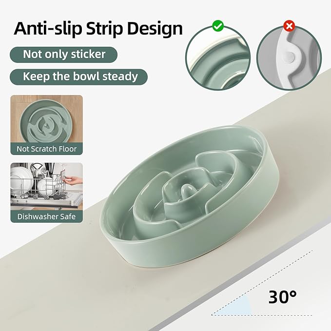 Havniva Ceramic 1.2 Cup Raised Slow Feeder Dog Bowl Set, Elevated 6.1inch Bowl and 7.3inch Puzzle Slow Food Dish with Wooden Stand for Medium and Small Dog, Anti-Gulping (2 x Light Green+ Stand)