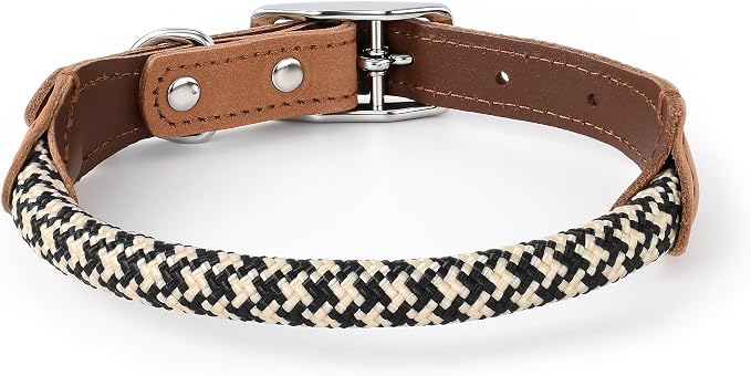 Mile High Life Genuine Leather Dog Collar, Durable Braided Cotton Rope Collar with Metal Pin Buckle for Small Medium Large Dogs (Black Khaki, L Neck 17"-21")