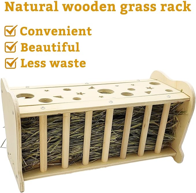 Hamiledyi Wooden Small Animal Hay Feeder - Rabbit, Guinea Pig, Chinchilla Cage Accessory, Hay Saver Rack & Dispenser for Small Pets