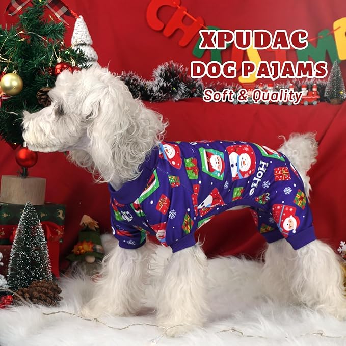 Xpudac 4 Pack Dog Christmas Pajamas Reindeer Puppy Clothes Cute Santa Claus Dog Pajamas Costumes Outfit Red Green, 4XL