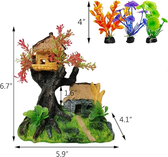 Hamiledyi 4PCS Aquarium Decoration, Fish Tank Artificial Resin Castle Ornaments, Betta Tank Landscape Decorations with Plastic Plants for Shrimp Fish Climbing Hiding