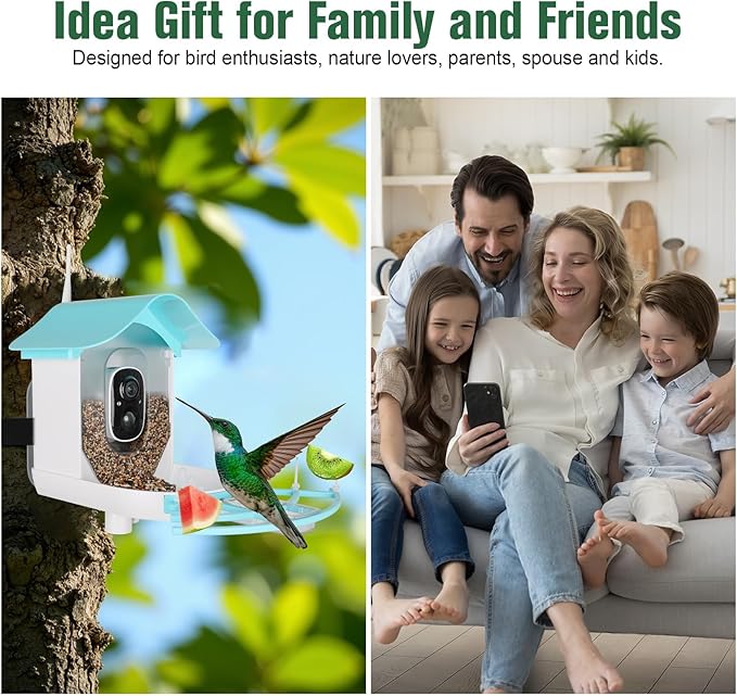 Bird Feeder with Camera, AI Identify Birds Species, Smart Bird Feeder with Camera Solar Powered, Auto 2K HD Video in Backyard, Ideal Gift for Family and Birds Lovers