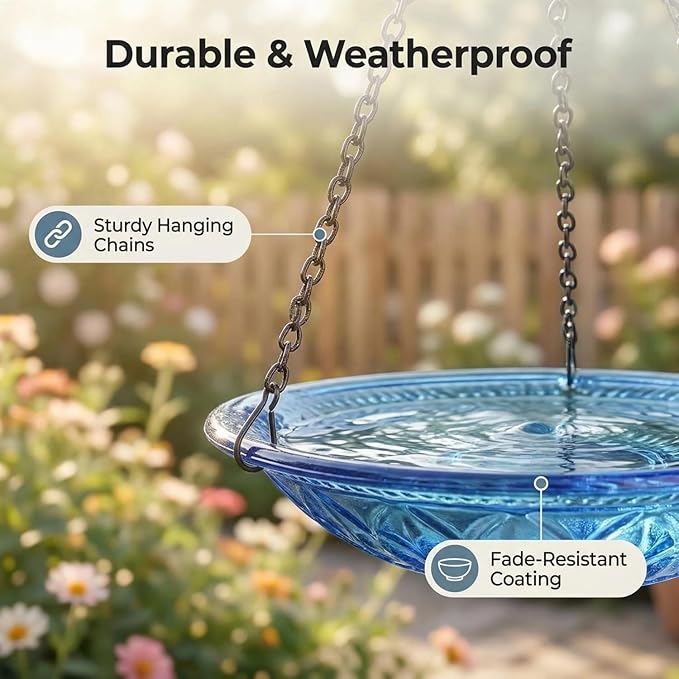 2026 Solar Cascade Hanging Bird Bath Fountain - 3 Layers Outdoor Water Feature for Hummingbirds, Easy-Clean 9.3" Glass Basin with Solar Powered Pump, Attract Wild Birds to Garden, Patio (Pink)