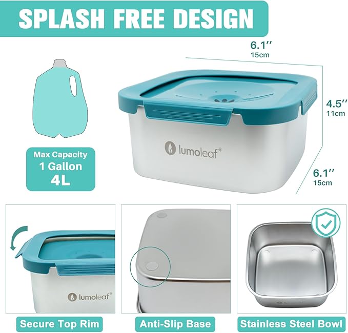 LumoLeaf 1 Gallon No Spill Dog Water Bowl, Stainless Steel Splash Proof Max Capacity Dog Water Bowl 4 Liter, Non-Slip Slow Water Feeder Dispenser with Replacement Filter, Vehicle Travel Water Bowl