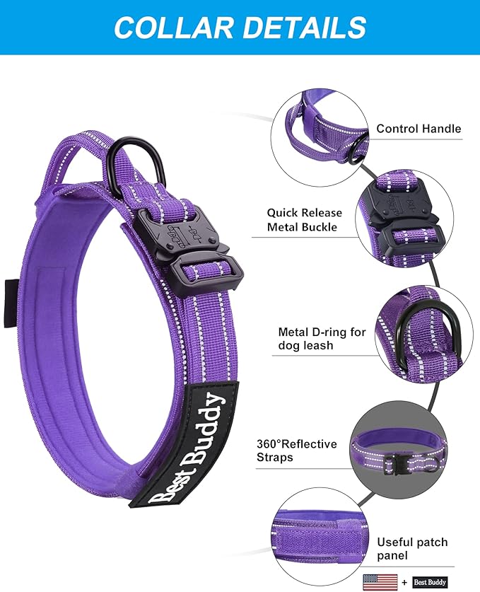 AUBELL Tactical Dog Collar and Leash Set, Reflective Adjustable Heavy Duty Military K9 Collars with Handle and Metal Buckle for Medium Dogs, with Airtag Case and 2 Patches(Purple,M)