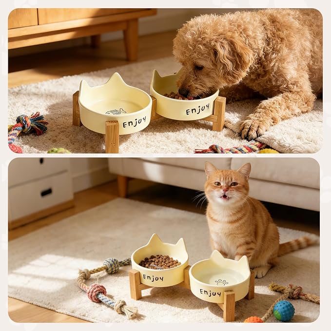 Ceramic Dog and Cat Bowl Set with Wooden Stand-Raised Non-Slip Bottom Weighted Matte Glaze Pet Feeder-Yellow Cat Ear-6.76 OZ