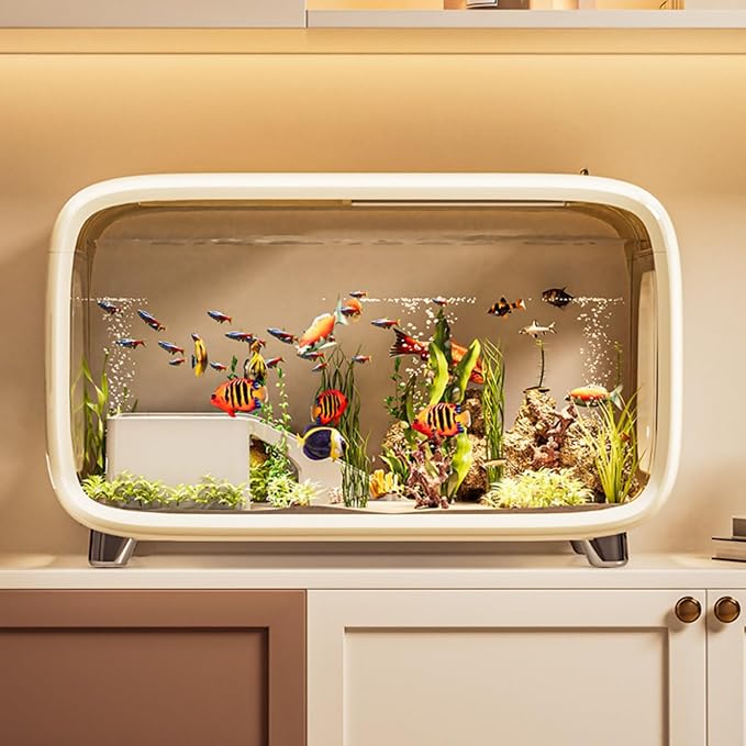 3.2 Gallon Desktop Fish Tank Aquarium Kit for Aquatic Animals | with Top Feeding Hole, High-Clarity Fish Bowl for Shrimp Guppy Goldfish Turtle, 15.7"L x 8.9"W x 10"H, White
