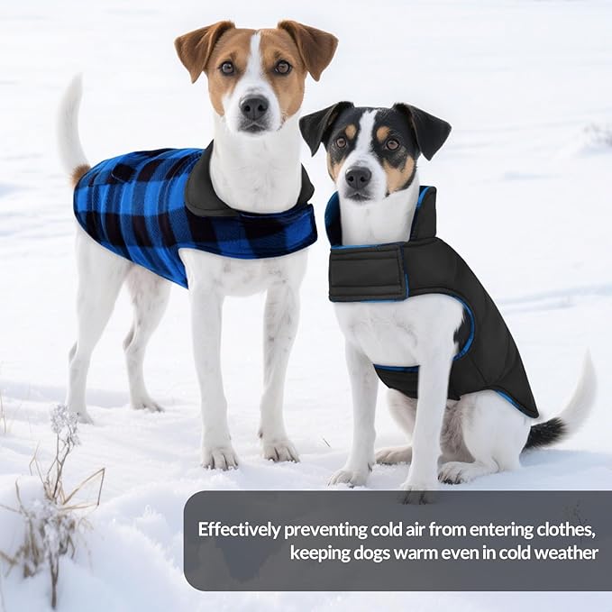 ASENKU Dog Winter Coat, Fleece Doggie Jacket Plaid Reversible Vest Waterproof Windproof Cold Weather Clothes for Small Medium Large Dogs (Blue, XL)