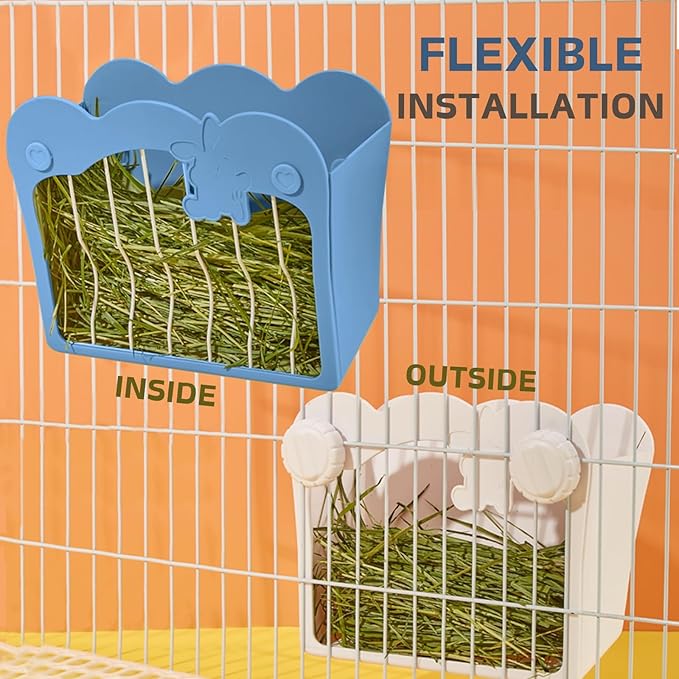 Rabbit Hay Feeder, Hanging Feeding Hay Rack for Small Animals, Dwarf Rabbit, Guinea Pig (Blue)