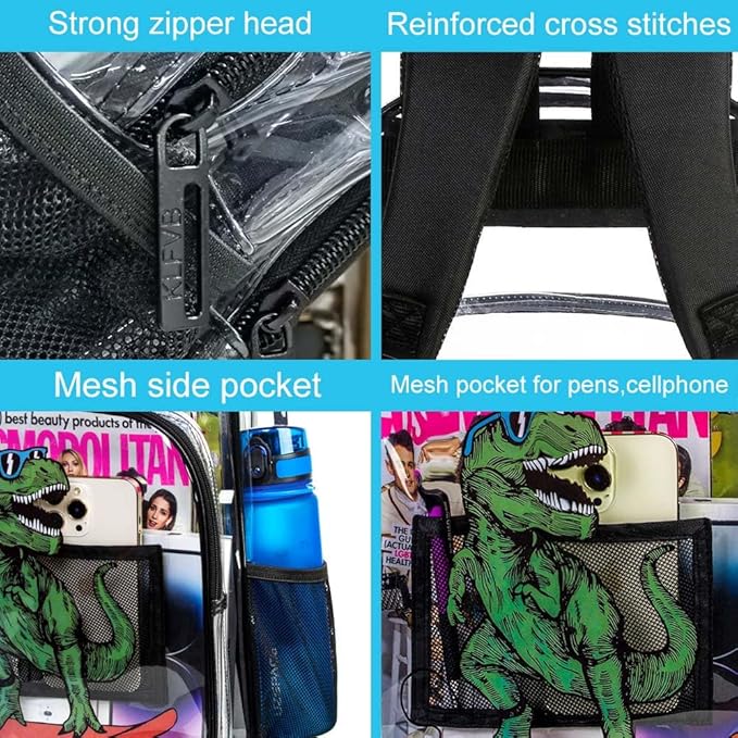 AGSDON 3PCS Clear Backpack for Boys, Kids Dinosaur Transparent Bookbag Heavy Duty, Cute See Through Backpacks with Lunch Bag - Blue