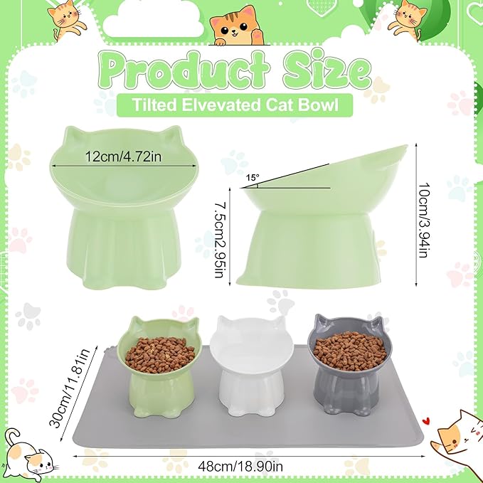 3 Pcs Elevated Cat Bowls 15°Raised Cat Food Bowl with Silicone Mat Whisker Friendly Anti Vomiting Cats Dishes Pet Food and Water Bowls for Indoor Cats Kittens Classic 3 Colors