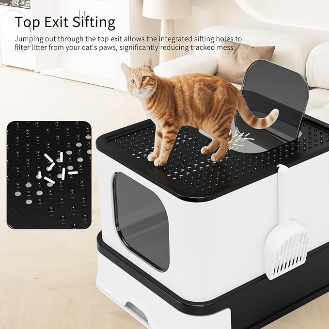 RIZZARI Stainless Steel Cat Box: Large Leak-Proof Enclosed Odor-Free Design with High Walls - XXL Black - Teflon Non-Stick Coating & Easy-Clean Drawer - for Living Room Garage