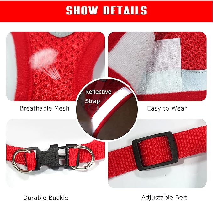 FEimaX Dog Harness and Leash Set for Walking, Soft Mesh Adjustable Easy Control Lightweight Cat Vest Harnesses with Reflective Strips, Escape Proof Small Dogs Cats Vests (Red, Large)