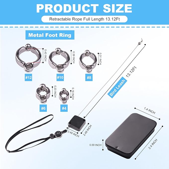 Bird Leash, with 5 Different Size Foot Ring and Feeder Box, Retractable Anti-Bite Parrot Harness, Bird Flight Training Rope for Budgies,Cockatiels,Psittacula Longicauda,Mini Macaws (13.12Ft)