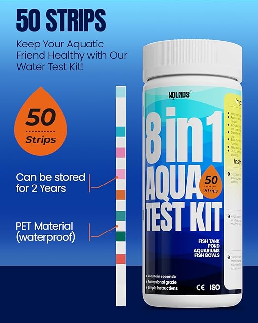 Aquarium Test Strips - 8-in-1 Aquarium Water Test Kit: Fish Tank Testing Kit for Freshwater & Saltwater, 50 Strips,Fast & Accurate Ammonia, pH, Hardness, & More， Lead Water Test Kit for Ponds
