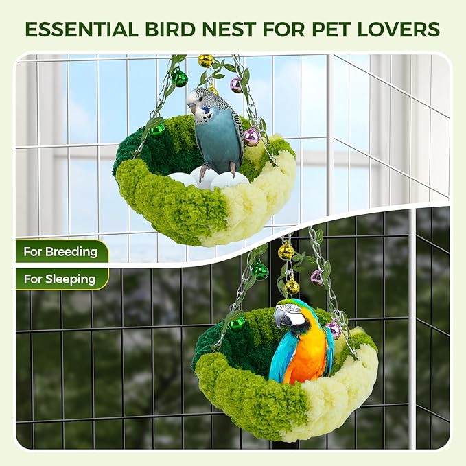 Admaison Bird Nest with Bell for Cage,Plush Hanging Bird Bed for Parakeet Indoor & Outdoor,Breeding Bird House for Conure,Budgie,Cockatiel,Lovebird,Canary,Finch,Hamster,Small Pets,Warm Nest,Green S