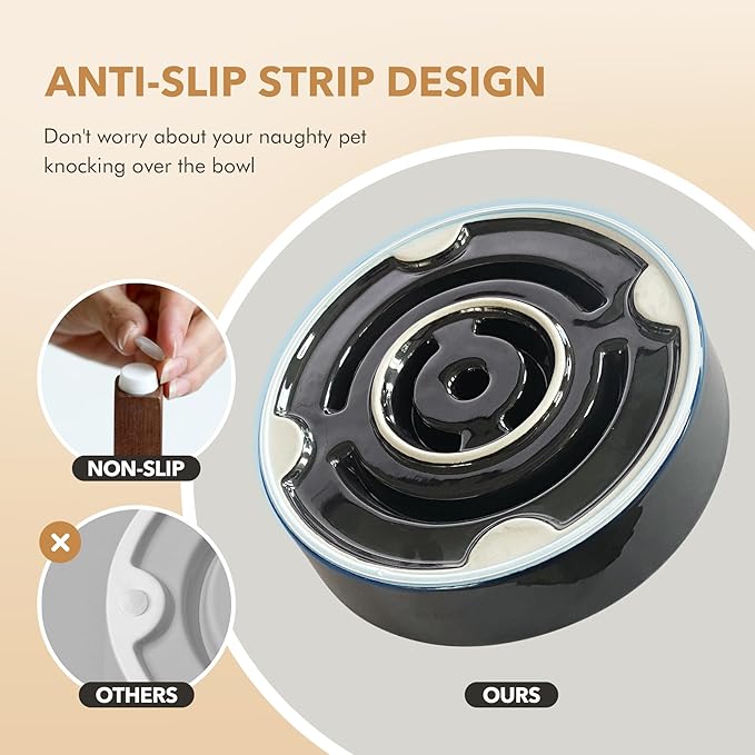 Havniva Elevated Slow Feeder Dog Bowls, 1.6 Cups Raised Ceramic Dog Food Bowls with Acacia Wood Stand, 8.2 inch Slow Feeder for Medium Dogs Puzzle Bowls for Fast Eater Anti-Choking