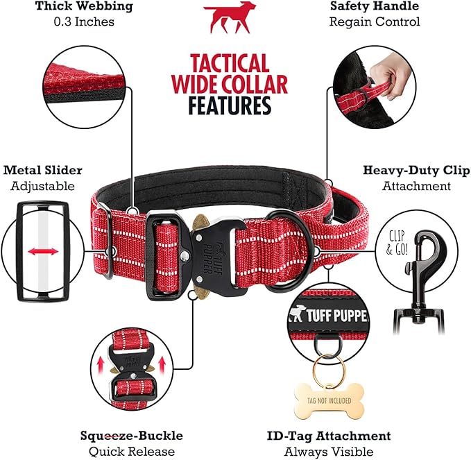 Tuff Pupper Tactical Dog Collar | Heavy Duty 1.5" Wide Ballistic Nylon | Training Control Handle | Quick-Release Metal Buckle | Reflective Bands | ID Tag Holder | Padded Inner Lining (Red, Medium)