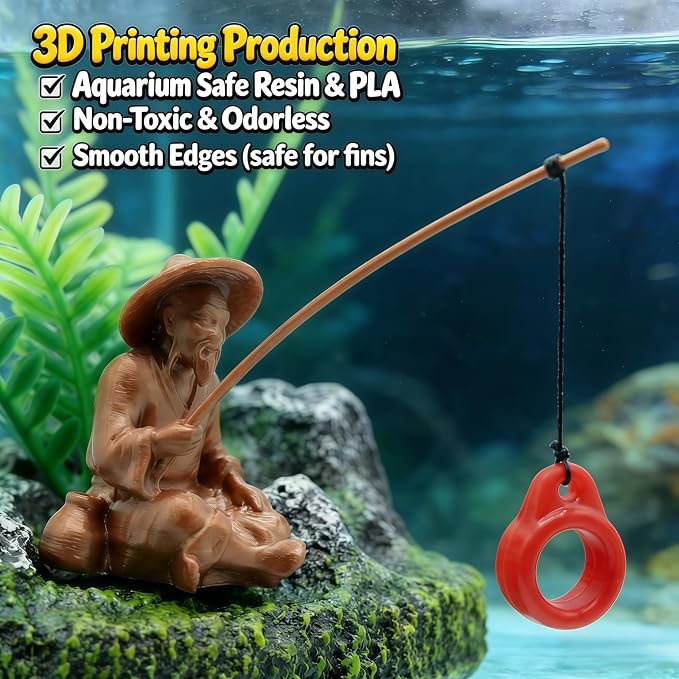 Floating Aquarium Decor, 3D Old Man with Fish Feeding Hook | Safe ABS Floating Fish Tank Decoration with Interactive Feeding Hook for Betta, Guppy, Shrimp and Other Small Aquarium Fish