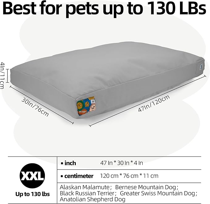 Sytopia 47 Inch Canvas Outdoor Dog Bed for XXL Dogs, Great Gift for Pets with Waterproof Machine Washable Removable Cover, Indoor Patio Pet Pad for Crate, Light Grey