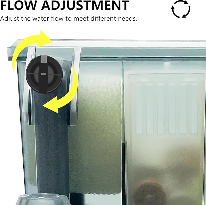 Fish Tank Filter 100GPH, HOB Aquarium Filter with Adjustable Flow, Detachable 3-Stage Filtration System, Hang on Back Filter with Ceramic Ring, Sponge Filter, and Oil Skimmer, Up to 15 Gallon Tanks