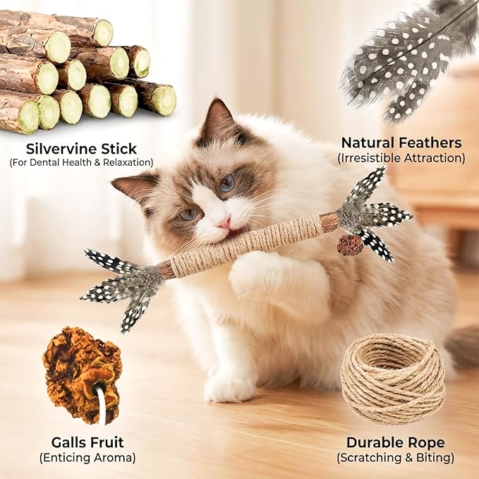 Cat Toys, 7 Pack Silvervine Cat Feather Toy Kitten Chew Stick Catnip Treat for Cleaning Teeth Indoor Kitty Teaser Wand Molar Snack for Interactive Pet Rabbit Bunny Hamster
