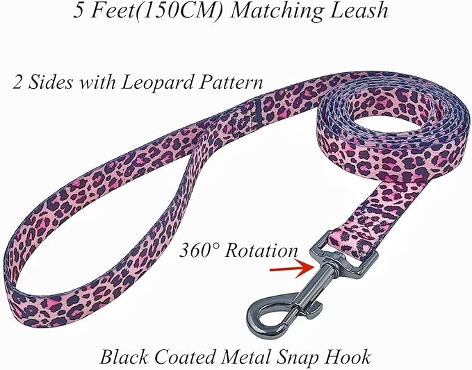 Dog Collar Leash Set, Leopard Pattern, Polyester Material, Adjustable Collar and 5ft Matching Leash, for Small Dogs.(S, Colorful Leopard)