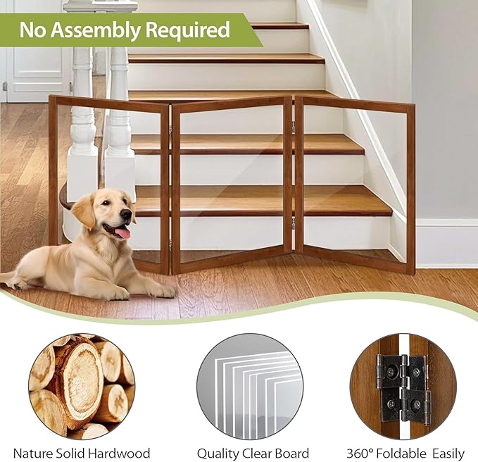 LZRS Clear Dog Gate for Indoor Use - Transparent Pet Fence with Solid Hardwood and Plastic Board, Stylish & Durable freestanding Pet Gate for Doorways, Stairs and Hallways-3 Panel Cherry