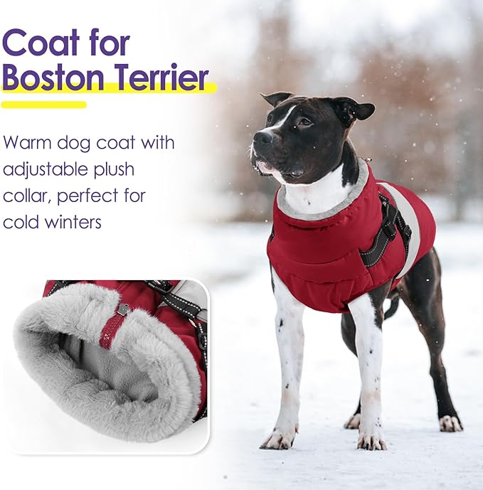 Dog Coat, XXL Dog Jacket Winter with Harness Built in, Waterproof Pet Snow Jacket with Furry Collar for Chilly Day, Reflective Fleece Snowsuit for Extra Large Dogs, Burgundy 2XL