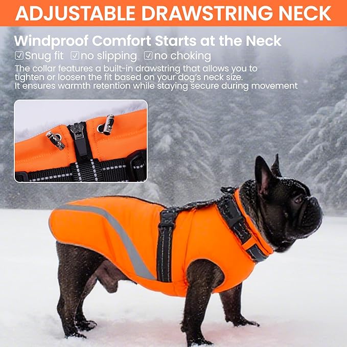 QBLEEV Warm Dog Coat for Medium Dogs, Waterproof Dog Winter Jacket with Built-in Harness & Reflective, Snowproof Warm Coat with Zip Closure, Windproof Neck Drawcord Snow Jackets, Orange, L