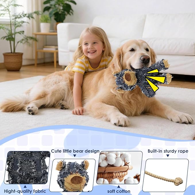 MAXBECK Dog Companion for Heavy Chewers- Indestructible Robust Bear Dog Toy, Resistant Squeaky Dog Toys for Heavy Chewers, Unbreakable Stuffed Plush Dog Toys for Aggressive Chewers (C-Navy+Oak)