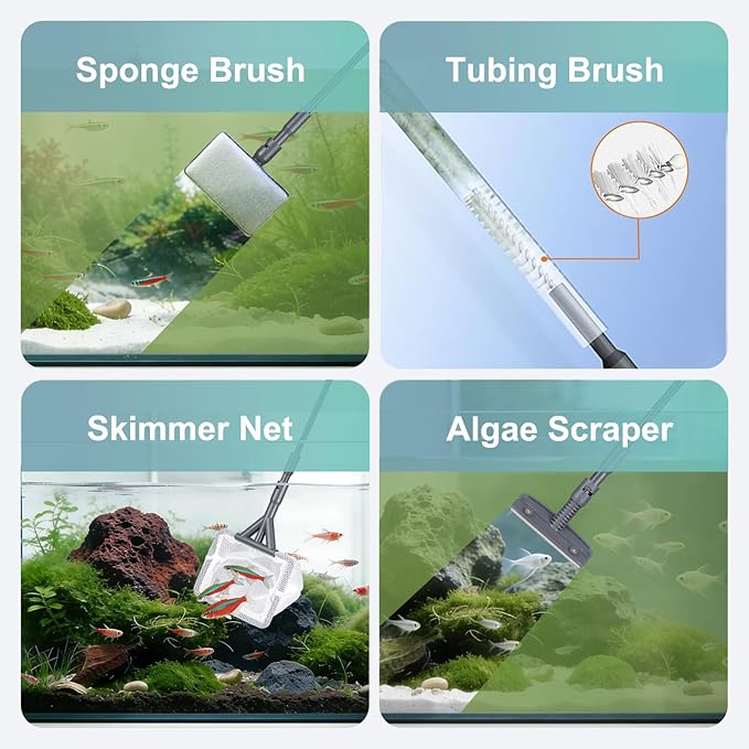Carefree Fish 4IN1 Aquarium Cleaning Tools Long Handle Adjustable Length 18~24Inch Fish Tank Cleaner Kit Algae Scraper Scrubber Brushes Set