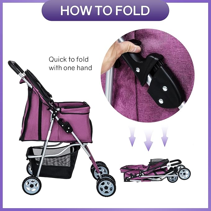 BestPet Pet Stroller Dog Cat Jogger Stroller for Medium Small Dogs Cats Folding Lightweight Travel Stroller with Cup Holder (Purple, 4 Wheels)