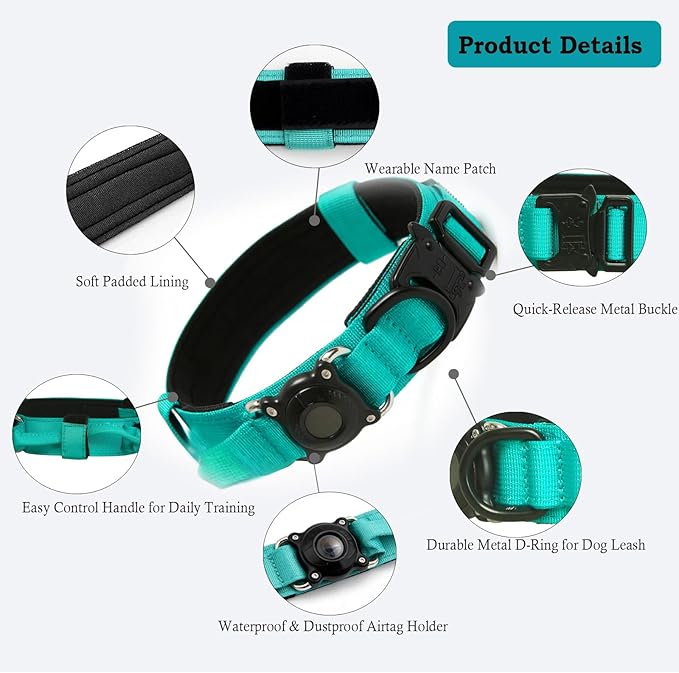 Upgraded AirTag Dog Collar,Waterproof Tactical Dog Collar with AirTag Holder, Control Handle and Metal Buckle,Heavy Duty Dog Collars for Large Dogs (Teal，XL