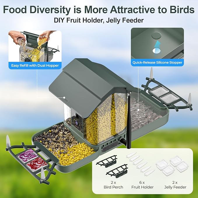 Dual-Lens Smart Bird Feeder with Camera & Bird Bath, 2.4G WiFi 2K HD Live View, Auto Record Video, AI Identify, APP Instant Notifications, Solar Powered, Birdwatching Gifts for Family, Birds Lover