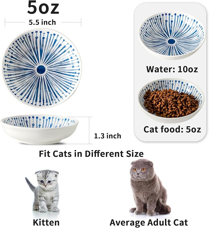 3 Ceramic Cat Bowls,5.5 inch Wide Shallow Cat Food Bowl for Relief Whisker Fatigue B Style