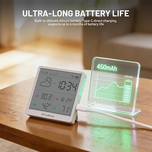 TH3 Smart Thermometer Hygrometer - WiFi Enabled Indoor/Outdoor Temperature Humidity Monitor, 4.3'' Large LCD, Auto-Time Calibration, Type-C, High Precision Sensor for Home, Office, Greenhouse
