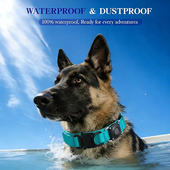 Upgraded AirTag Dog Collar,Waterproof Tactical Dog Collar with AirTag Holder, Control Handle and Metal Buckle,Heavy Duty Dog Collars for Large Dogs (Teal，M