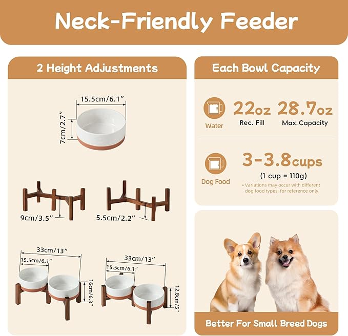 Havniva 6.1" Elevated Dog Bowls Ceramic Raised Dog Bowl with Non-Slip Stand (Acacia Wood) Two Height Options, Dog Food & Water Bowl for Small & Medium Breed Dogs - 3.4 Cups 27 oz