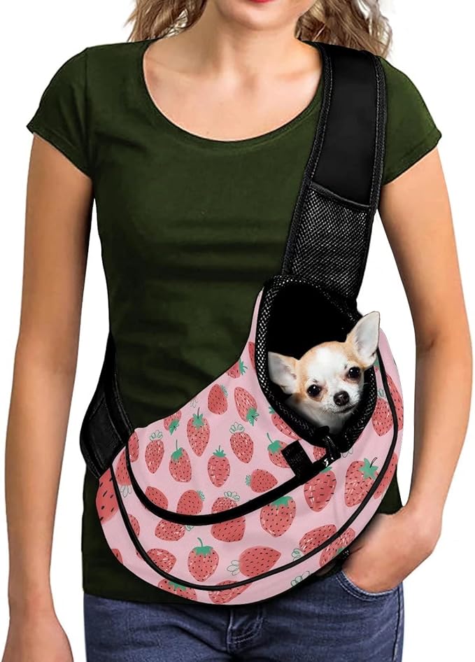 FUSURIRE Strawberry Printed Pet Carrier Sling Bag Pink Front Sling Pack Breathable Mesh Dog Pouch with Adjustable Strap Washable Travel Shoulder Bag for Cats Dogs Puppy