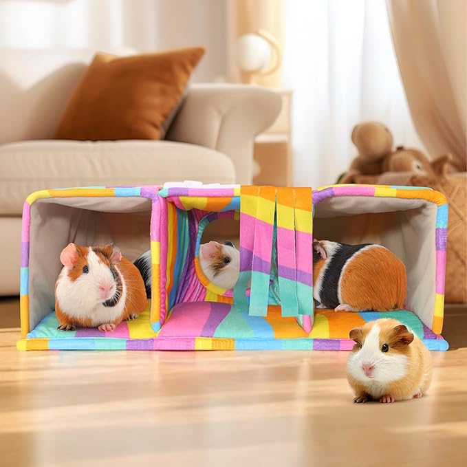 Guinea Pig Hideout with Tunnels, Toys & Cozy House - Soft Large Bed for Small Pets - Rainbow